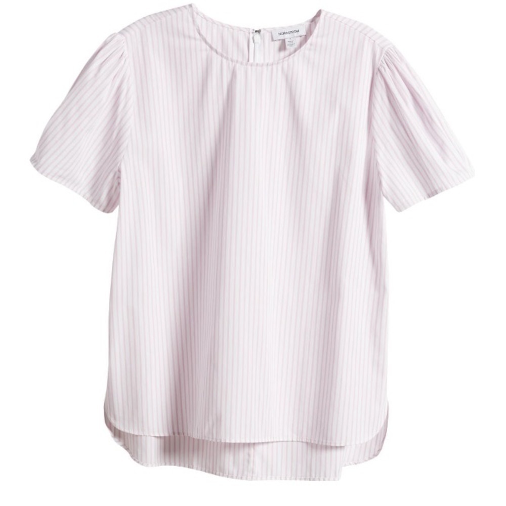 Nordstrom Stripe Cotton Poplin Popover Short Sleeve Blouse Top- Size Medium, NWT
